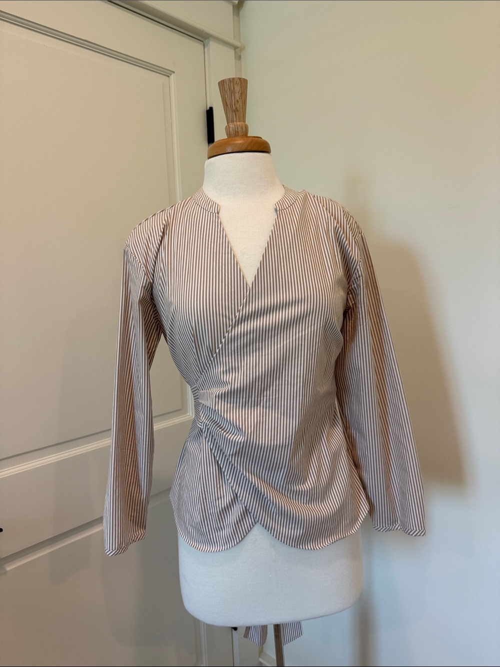 Striped Wrap-Front Long Sleeve Top - Beige/White